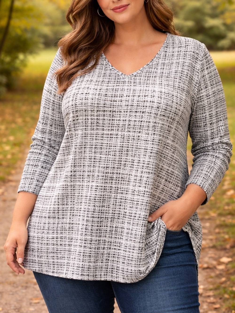 LuLaRoe Gray V-Neck Long Sleeve Tweed Print Top